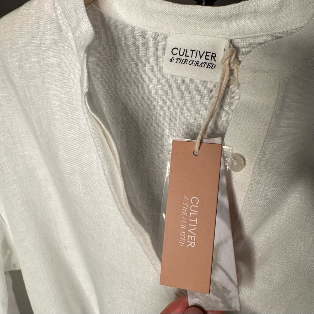 CULTIVER 100% Linen Cristi Long Sleeve Tunic Button Down Shirt w/ Belt White XS - Picture 2 of 15